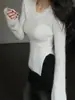 Estilo chica picante, capa base de punto sin hombros, suéter interior de otoño e invierno para mujer, ajuste ceñido, top asimétrico de manga larga