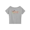 Camiseta Gris de Verano Nuevo Estilo de un Hombro Descubierto Manga Corta para Mujer Cachorro de Dibujos Animados Descuento Casual Holgada para Mujer