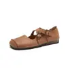 Zapatos Planos Casuales para Mujer Hechos a Mano Estilo Retro de Piel Genuina sin Cordones con Tira Cruzada Zapatos Mary Jane Retro de Punta Cuadrada para Mujer