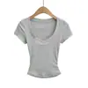 Camiseta de Verano Estilo Puro Deseo Ajustada Cintura de Reloj de Arena Hombro Normal Top Sexy de Manga Corta con Cuello en V Profundo Estilo Chica Caliente Americana para Mujer