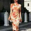 Transfronterizo Nuevo Estampado Digital Casual Personalidad Moda Temperamento Vestido de Manga Larga Hombros Descubiertos Falda Primavera y Otoño Mujer