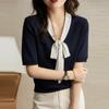 Verano Nuevo Estilo Coreano Lazo Hielo Fresco Seda Estilo Suave Camiseta Base Tejida para Mujer Blanca Holgada Perezosa Ropa Exterior