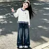 Conjunto de Ropa de Otoño para Niñas 2026 Nuevo Conjunto de Dos Piezas con Top a Cuadros y Bloques de Color y Jeans para Niños Mayores en Estilo Chic
