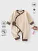 Ropa de Bebé de Algodón Elástico Tejido de Otoño Clase A, Pelele de Bebé, Mono de Manga Larga con Bloques de Color Estilo Europeo y Americano