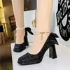 9983-H78Tp Cadena de Perlas con Lazo Francés Zapatos de Tacón Alto de Una Línea Punta Cuadrada Plataforma Impermeable Tacón Grueso Zapatos de Lentejuelas