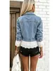 Chaqueta de mezclilla azul para mujer de talla europea y americana, con ribete de encaje, simple, elegante y versátil