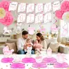 Nuevas Decoraciones de Pastel de Cumpleaños Temáticas de Bautizo Color Rosa de Amazon Escenario con Banderines y Decoraciones Colgantes de Panal
