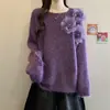 Novo suéter de tricô casual de manga longa para outono e inverno, macio e aconchegante, top suéter feminino doce com estampa floral estilo coreano