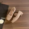 Zapatos de ballet Mary Jane poco profundos de punta cuadrada retro con tira elástica y lazo, con tacón grueso para mujer