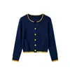 Cárdigan de punto con bloques de color estilo coreano y cuello redondo para mujer, nueva colección de otoño, de longitud corta, de un solo pecho, suéter abrigo suave y cómodo, adecuado para figuras petite.