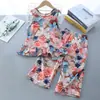 Pantalones de pierna ancha de algodón traje de niña con lazo traje de chaleco de algodón artificial ropa infantil al por mayor