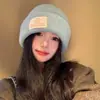 Gorro de Lana Tejido Azul para Mujer Otoño e Invierno Versátil Cálido Circunferencia de Cabeza Grande Protección para las Orejas Gorro Estilo Coreano