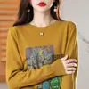 Suéter de malha 100% algodão puro para mulheres, top de outono com gola redonda e manga longa, novo suéter estampado, camiseta de base