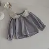 Estilo INS Primavera/Outono Bebê Criança Renda Bordada Gola Boneca Manga Longa Xadrez Blusa para Meninas Camisa Base Princesa