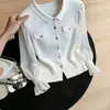 Cardigan de Tricô Gola Redonda com Manga Flare Outono/Inverno 2026, Jaqueta Suéter Feminina Inspirada na Chanel