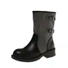 Botas de cano médio color block retrô para mulheres, novo estilo 2026, botas estilo Dr. Martens com salto grosso, botas western cowboy versáteis de sola grossa, botas curtas da moda