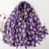 Lenço Estampado de Margaridas Roxas, Voile Leve com Franjas, Xale de Proteção Solar de Verão, Lenço de Seda para Férias, Estilo Artístico
