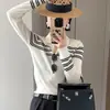Blusa de tricô feminina chic estilo coreano, justa, listrada, com decote V e manga longa, nova cor de outono antecipado color blocking, moderna