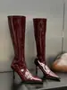 Botas de caballero de charol europeo y americano Chuyuji, punta fina, tacón de aguja alto para mujer, estilo otoño e invierno, adelgazantes, con cremallera trasera y diseño plisado