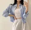 1688 Camisa Azul Chic Coreana con Rayas Pequeñas Diseño de Nicho Sal Nueva Camisa de Manga Larga Protección Solar para Mujer