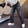 Jeans retos slim-fit desconstruídos para homens, calças estilo americano high street, calças retas lavadas ligeiramente abertas na barra