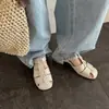 Zapatos Nuevos de Verano Retro Tejidos Huecos Estilo Jaula de Cerdo, Sandalias Romanas de Correa Única de Cuero Genuino para Mujer, Zapatos Versátiles de Tacón Grueso con Punta Cerrada