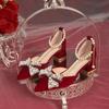 Zapatos de Boda Nuevos 2024 Zapatos de Tacón Grueso Rojos para Novia Vestido Xiuhe Vestido de Boda Doble Uso No Cansan los Pies Zapatos de Tacón Bajo para Mujeres Embarazadas