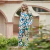 Flores Brancas Azuis Pijama de Seda Gelo Feminino Tamanho Plus Senhora Manga Longa Calça Longa Roupa de Casa de Seda Gelo Conjunto para Meninas