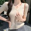 Fotos Reales y Precios Reales # Cárdigan de Punto con Cuello en V de Seda Helada para Mujer de Manga Corta Verano Nuevo Diseño de Deseo Puro Top Corto de Nicho