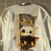 Camiseta de Algodão Puro Estampa de Gato Retrô Americana Manga Curta para Mulheres e Homens, Top Solto Tendência Verão Hip-Hop para Casais