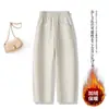 Calça Cimitarra de Lã Off-White Feminina Outono e Inverno 2025 Nova Veludo Engrossado Quente Casual Calça Banana