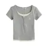 Verano 2025 Estilo Coreano Color de Contraste Falso Dos Piezas Hombro Derecho Manga Corta Camiseta Nueva para Mujer Pure Desire Chica Caliente Ajuste Delgado Top