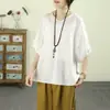 Verano 2026 Nuevo Camiseta de Algodón y Lino Bordada Cuello en V Retro Manga Corta Étnico Holgado Adelgazante Artístico Casual Superior de Moda