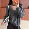 Suéter de punto suave de manga larga con cuello halter en V estilo francés para mujer, nueva colección de otoño, corte relajado, holgado y acogedor