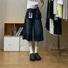 Shorts jeans azul escuro de comprimento 3/4 para mulheres, tamanho plus size de verão, cintura alta, corte solto, modelador, adequado para corpo tipo pera, calça de perna larga de comprimento médio