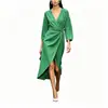 Vestido Feminino Transpassado Gola V com Amarração na Cintura, Comprimento Médio, Fenda, Mangas Três Quartos, Multicor, Estilo Básico Elegante