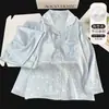 Conjunto de dos piezas de manga larga de seda helada jacquard de lujo con copas en el pecho, conjunto de ropa de dormir casera para mujer, delicado y suave