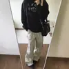 Sudadera retro americana negra de cuello redondo con forro polar para mujer, otoño e invierno, con estampado de letras, estilo básico, top casual holgado para parejas