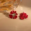 Pendientes de Flor Roja Ancola Retro Francés de Aguja Plateada, Nuevos Pendientes de Diseño Simple de Lujo Juvenil para Mujer Otoño e Invierno