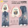 Conjunto Duas Peças Feminino Novo Estilo: Conjunto de Moletom e Jeans de Perna Reta Wide Leg para Meninas, Outono e Inverno com Forro de Fleece