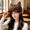 Boina retro estilo coreano para outono e inverno, em PU, com orelhas de gato fofas, para mulheres, faz o rosto parecer menor, versátil e estiloso, chapéu de pintor, chapéu octogonal