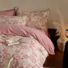 Conjunto de Quatro Peças Espesso Escovado 100% Algodão Puro Estilo Ins de Luxo Leve Lençol com Elástico 100% Algodão Capa de Edredom Conjunto de Cama Floral de Três Peças 4