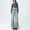Jeans Reto Wide-Leg Tie-Dye Azul Vintage Nova Coleção Primavera 2025 Cintura Alta Solto Wide-Leg Arrastando Calças