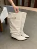 Botas de Cano Largo Europeias e Americanas Retrô Bico Fino Plissadas Empilhadas Coberturas de Bota Manga Decoração com Fivela de Couro Botas Altas Não Acima do Joelho Botas de Equitação