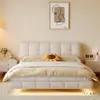 Tecnologia de Cama de Profiterole Cama de Suspensão de Veludo com Luz Cama de Casal Moderna Simples Cama de Tecido Cama de Casal com Armazenamento