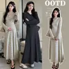 Vestido de Maternidad 2025 Otoño e Invierno Nuevo Estilo Perezoso Rayado Clásico Sudadera con Capucha Cubre-todo Aspecto Adelgazante para el Vientre Embarazado Falda Larga Básica
