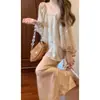 Vestido Camisola Bordado Dorado Brillante Rama Primavera y Otoño Nuevo Estilo Chino con Chaqueta Cardigan Diagonal para Aire Acondicionado