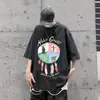 Camiseta de Manga Corta Redonda Holgada Resistente Saint Miael Estilo Americano Retro Vtg Desgastada con Salpicaduras Cara Sonriente