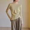 Suéter de Tricô Base Camada Manga Longa Bainha com Design Irregular Plissado Gola Redonda Lã Feminino Tendência Outono Inverno 2026 Novo Estilo