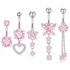 Set de 5 Piezas de Piercings de Ombligo Hechos de Acero Inoxidable con Flor Incrustada Zirconio Colgante de Corazón de Melocotón Anillo de Ombligo Joyería para Piercings Corporales
